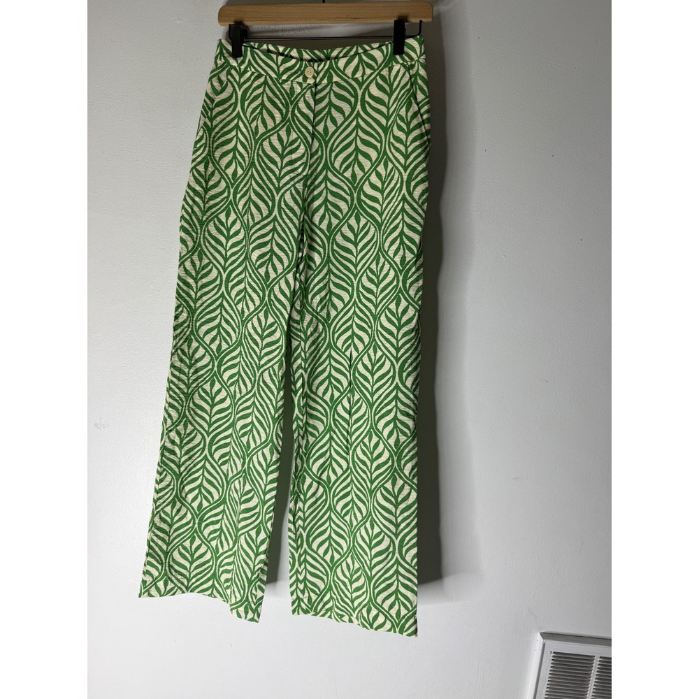 H&M wide leg trousers in green white leaf print‎ satin size 4